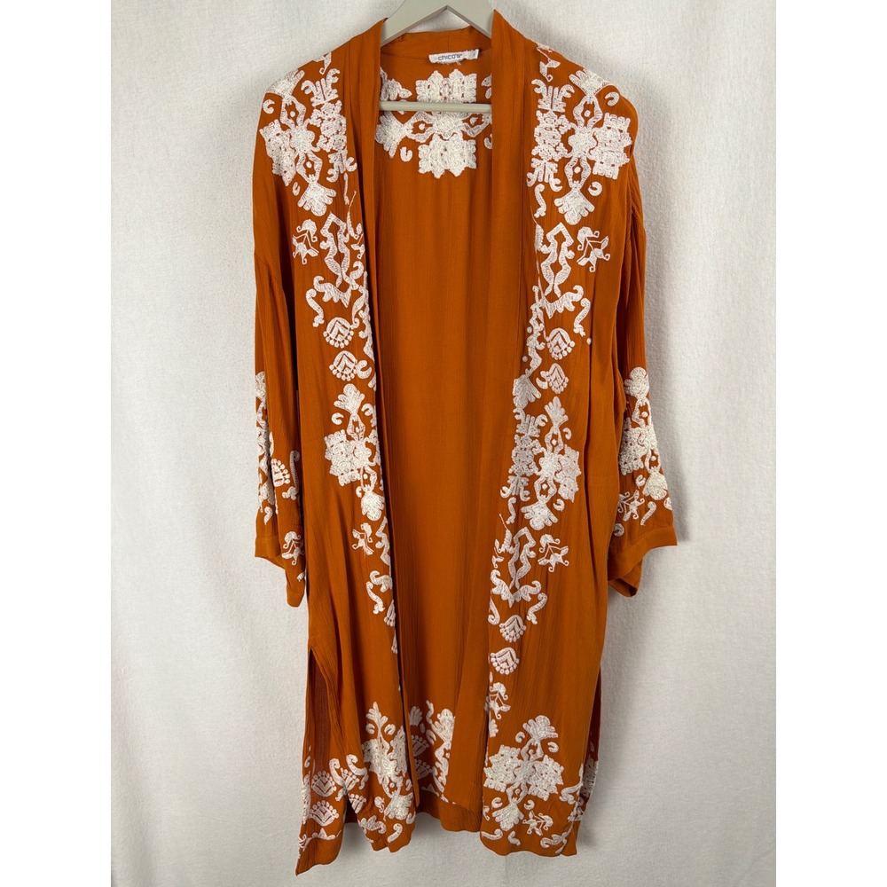 Chicos Embroidered Longline Cardigan Duster Burnt Orange Rust S/M Boho Open